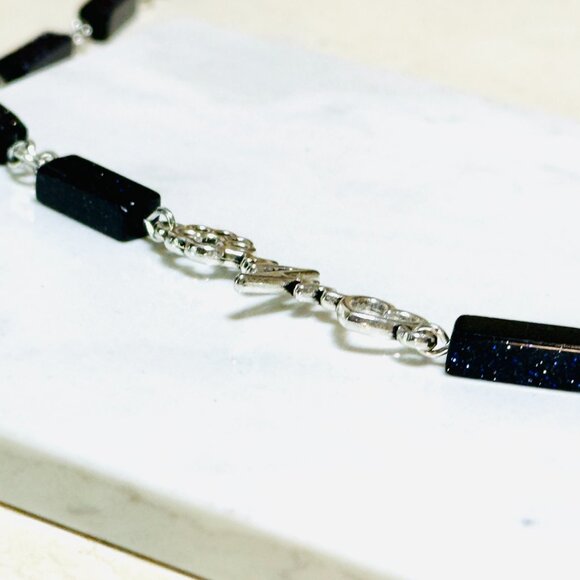 Dark Blue Goldstone Short Necklace w/ Silver Paw Print Heart Beat Charm - Picture 6 of 14